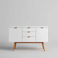 Credenza 2 ante 3 cassetti bianca 140 x 40 x 85 cm in MDF e pino massello rettangolare