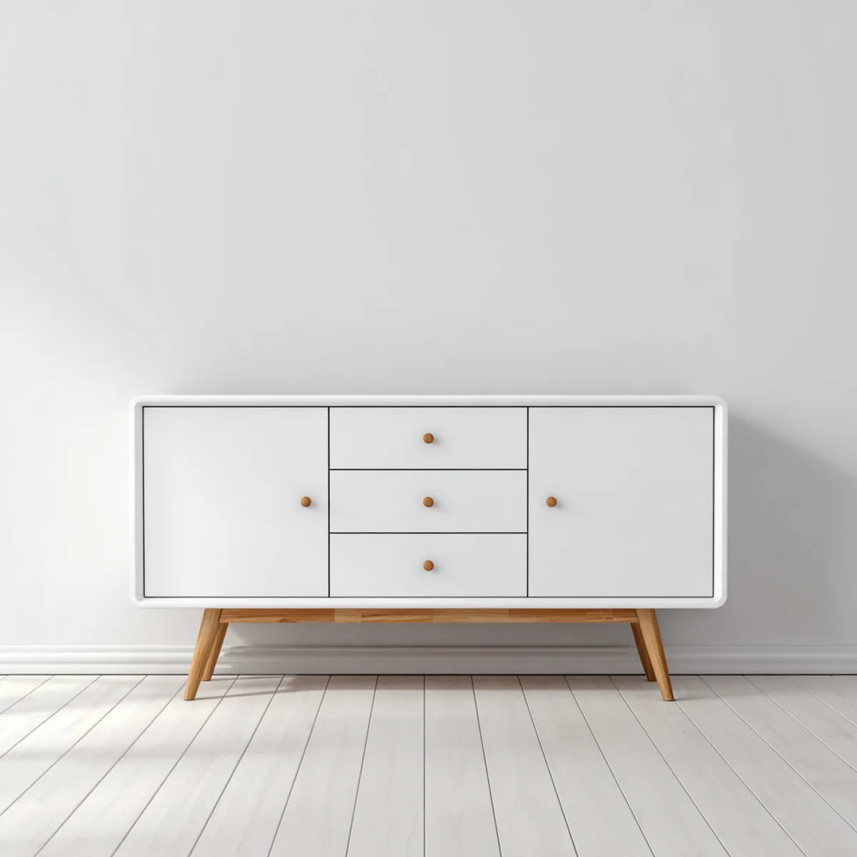 Credenza da soggiorno bianca 140 x 40 x 80 cm in MDF e legno massello con 2 ante e 3 cassetti rettangolare
