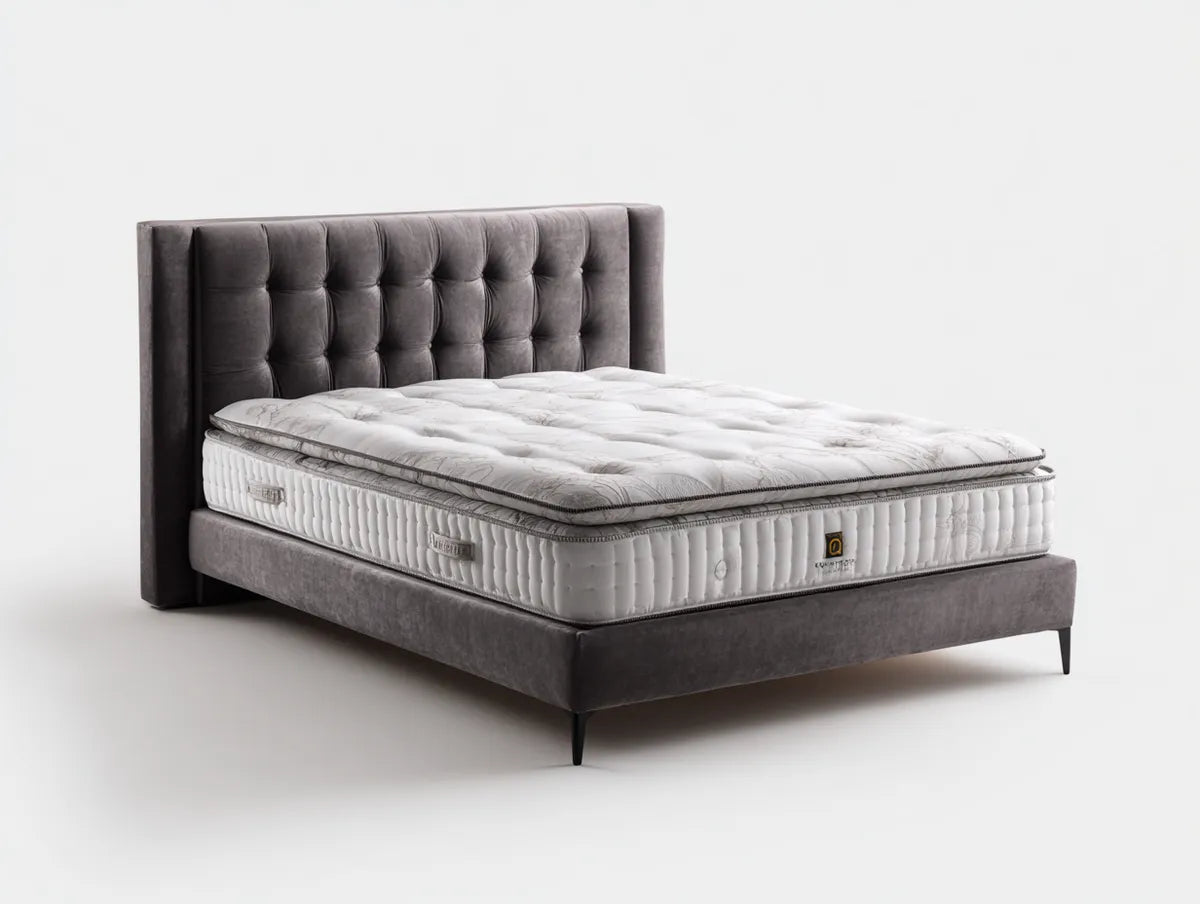 Letto matrimoniale imbottito grigio con materasso a molle insacchettate 180 x 200 cm in velluto di poliestere rettangolare