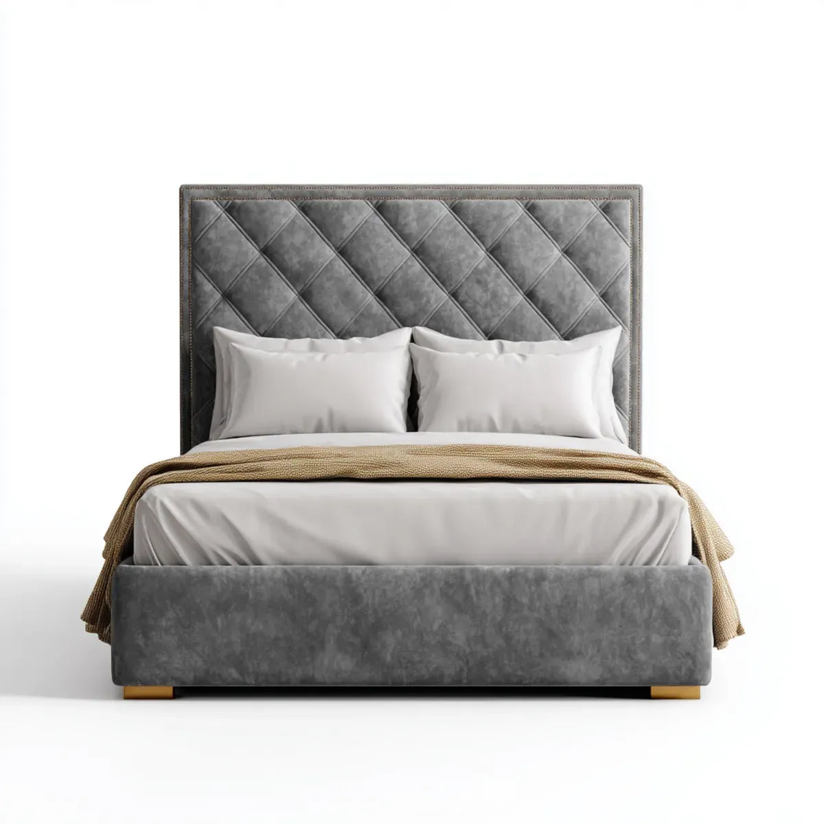 Letto matrimoniale imbottito grigio 160 x 200 cm in poliestere con testiera rettangolare