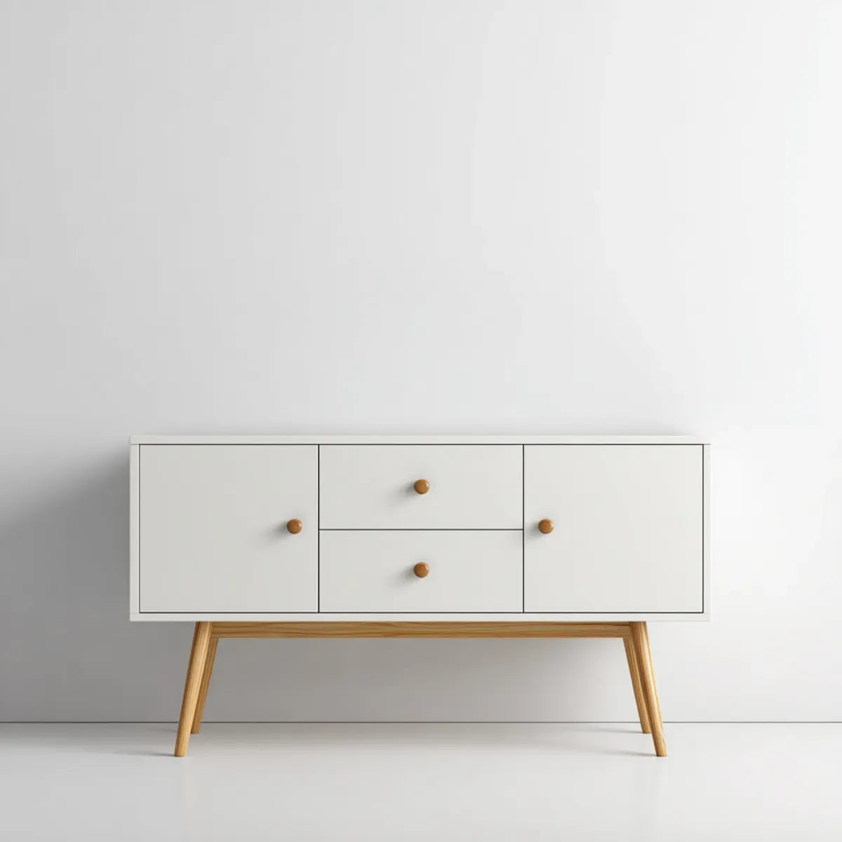 Credenza soggiorno bianca 120 x 40 x 80 cm in MDF con gambe in legno massello rettangolare