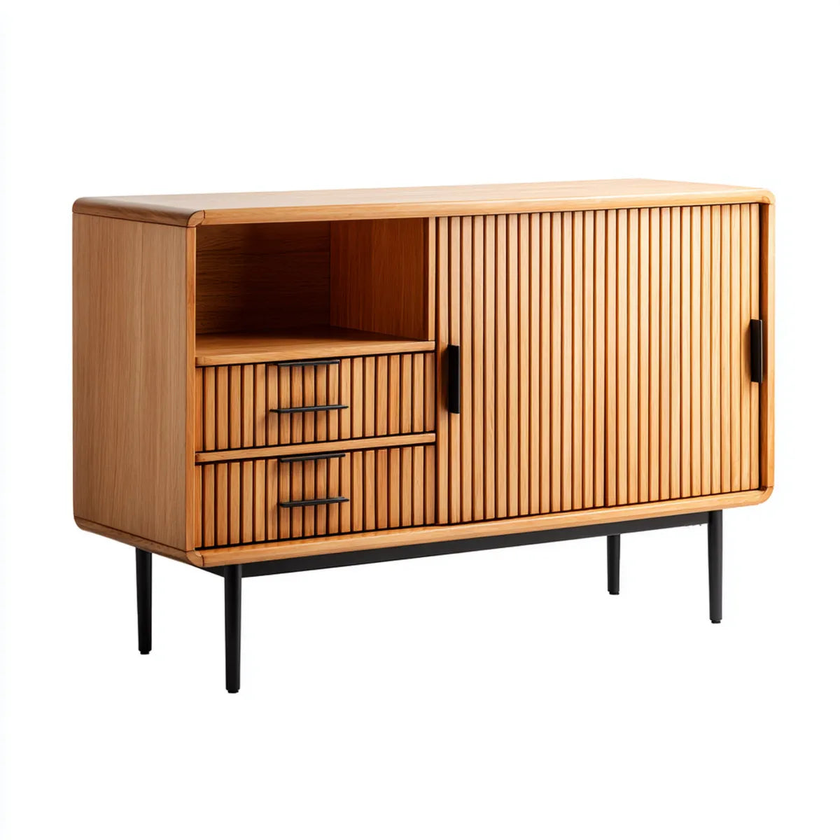 Credenza soggiorno con ante scorrevoli e cassetti color naturale e nero in bambù massello 120 x 40 x 90 cm